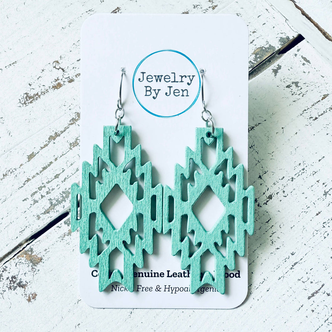 Wood Cutout Rhombus Earrings: Turquoise