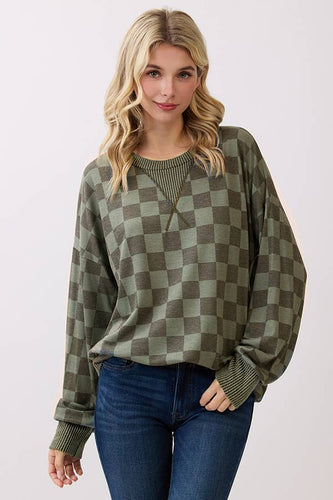 Olive Checkered Print Drop Shoulder Top