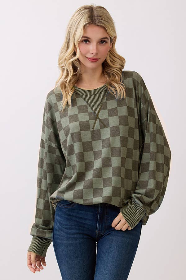 Olive Checkered Print Drop Shoulder Top