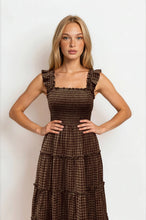Load image into Gallery viewer, Brown Plaid Smocked Midi Dress