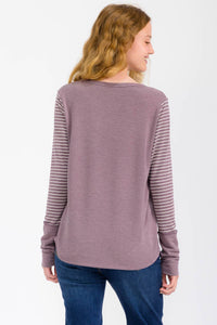 Mulberry Stripe Contrast Button Front Pullover Top