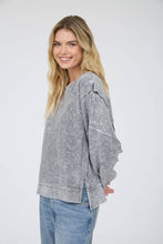 Load image into Gallery viewer, ACID WASH LONG SLEEVE SIDE SLIT KNIT TOP: Black