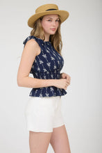 Load image into Gallery viewer, Navy Bow Pattern Tie Shoulder Tank