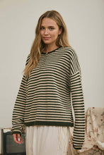 Load image into Gallery viewer, BUTTON HENLEY STRIPE LONG SLEEVE DROP SHOULDER SWEATER: BURGUNDY