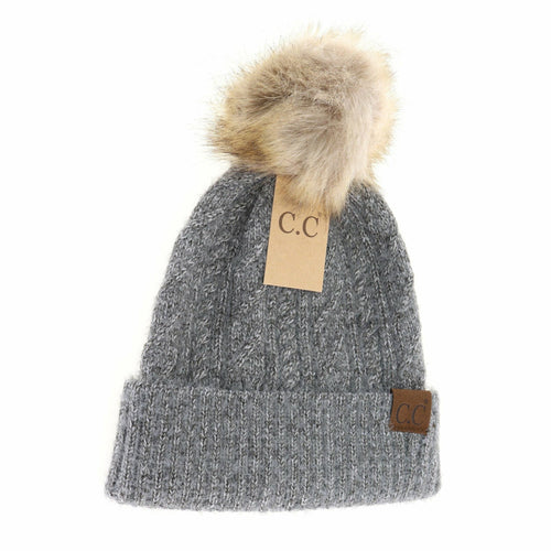 Soft Cuff Cable Knit Fur Pom C.C Beanie in Lt. Grey
