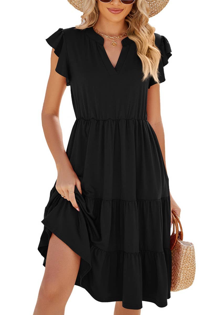 Black V Neck Ruffle Dress