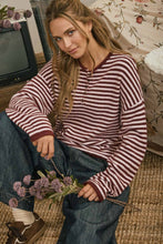 Load image into Gallery viewer, BUTTON HENLEY STRIPE LONG SLEEVE DROP SHOULDER SWEATER: BURGUNDY