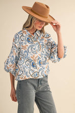 Load image into Gallery viewer, Teal &amp; Blue Paisley Bubble Sleeve Top