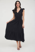 Load image into Gallery viewer, Black Ruffle Shirred Waist Midi Dress