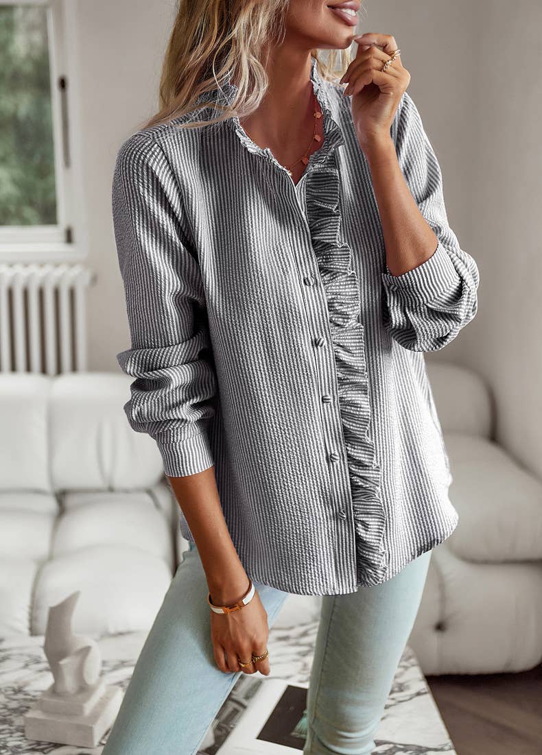 Ruffle Button Down Long Sleeve Top