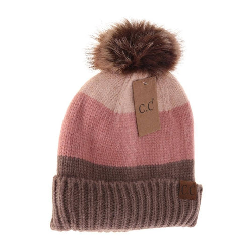 Multi Color Block Pom C.C Beanie in Taupe