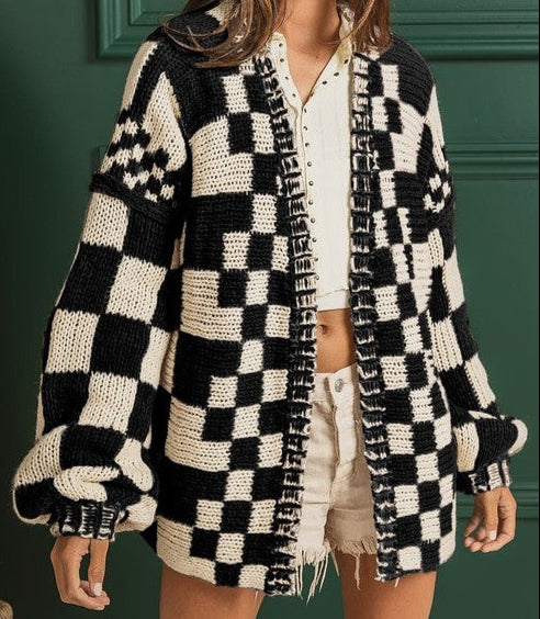 Black Mixed Check Pattern Loose Fit Chunky Cardigan