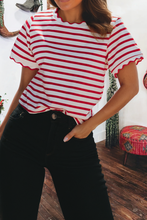 Load image into Gallery viewer, Red Stripe Scalloped Trim Round Neck Top