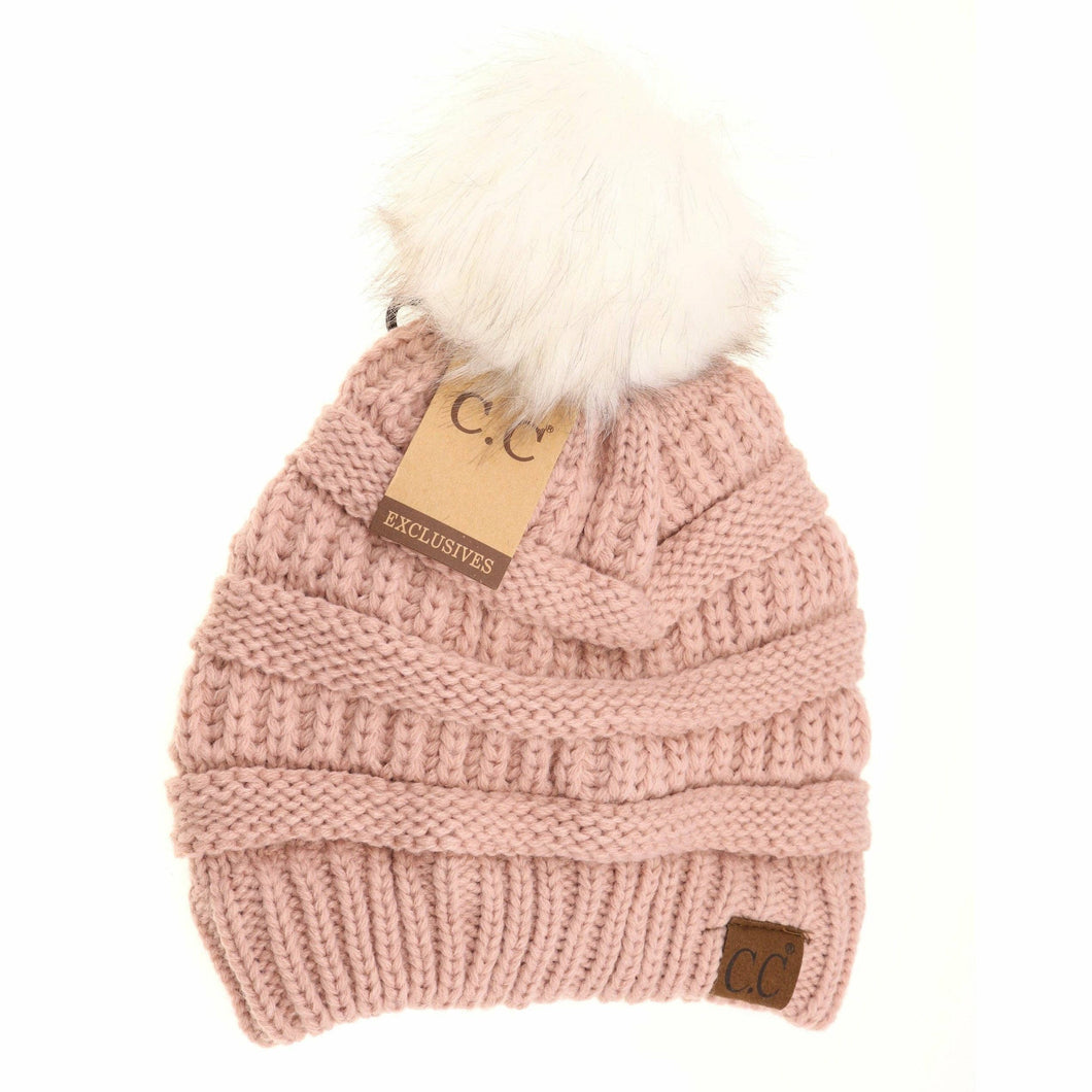 Classic Matching Fur Pom CC Beanie in Rose/Ivory