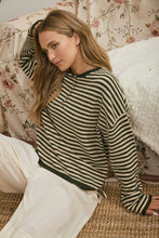 Load image into Gallery viewer, BUTTON HENLEY STRIPE LONG SLEEVE DROP SHOULDER SWEATER: BURGUNDY