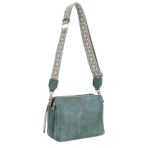 Mila 3 Compartment Crossbody Bag With Guitar Strap: Blueish Green