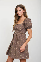 Load image into Gallery viewer, Brown Ditsy Floral Puff Sleeve Dress