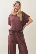 Load image into Gallery viewer, Hot Cocoa Mineral Washed Flower Trimmed Shoulder Top