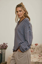 Load image into Gallery viewer, BUTTON HENLEY STRIPE LONG SLEEVE DROP SHOULDER SWEATER: BURGUNDY