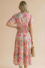 Load image into Gallery viewer, Coral Notch Neck Smocked Waist Maxi Floral Dress