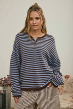 Load image into Gallery viewer, BUTTON HENLEY STRIPE LONG SLEEVE DROP SHOULDER SWEATER: BURGUNDY
