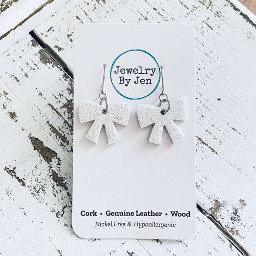 Bow Earrings: White Fine Glitter