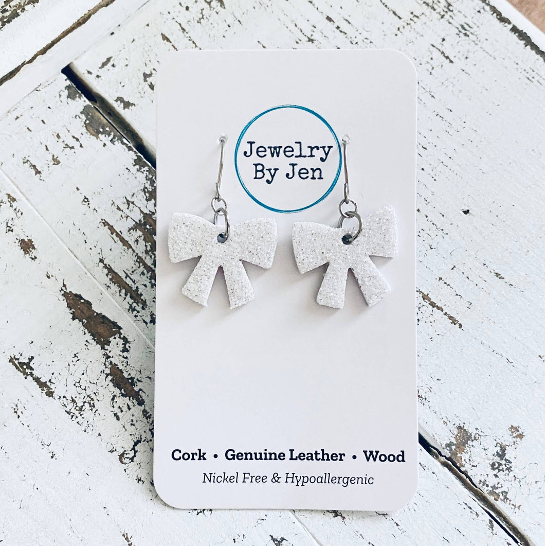 Bow Earrings: White Fine Glitter
