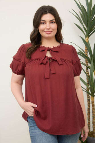 Brick Scallop Trim Tie Puff Sleeve Top
