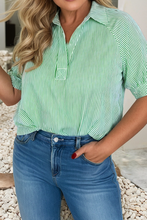 Load image into Gallery viewer, Green Striped Collared Split Neck Half Sleeve Top