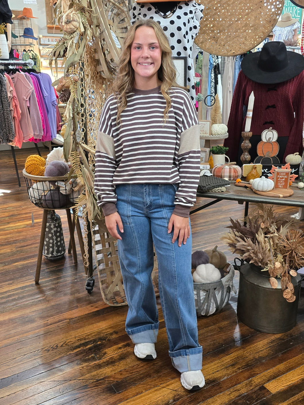 Brown/Taupe Stripe Color Block Top