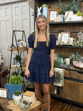 Load image into Gallery viewer, Navy Sq Neck Tiered Mini Dress