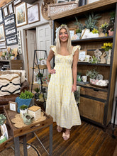 Load image into Gallery viewer, Yellow Stripe Floral Tiered Midi Dress