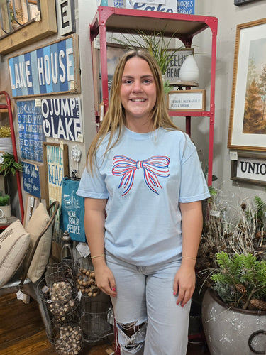 Red White and Blue Embroidered Bow Tee