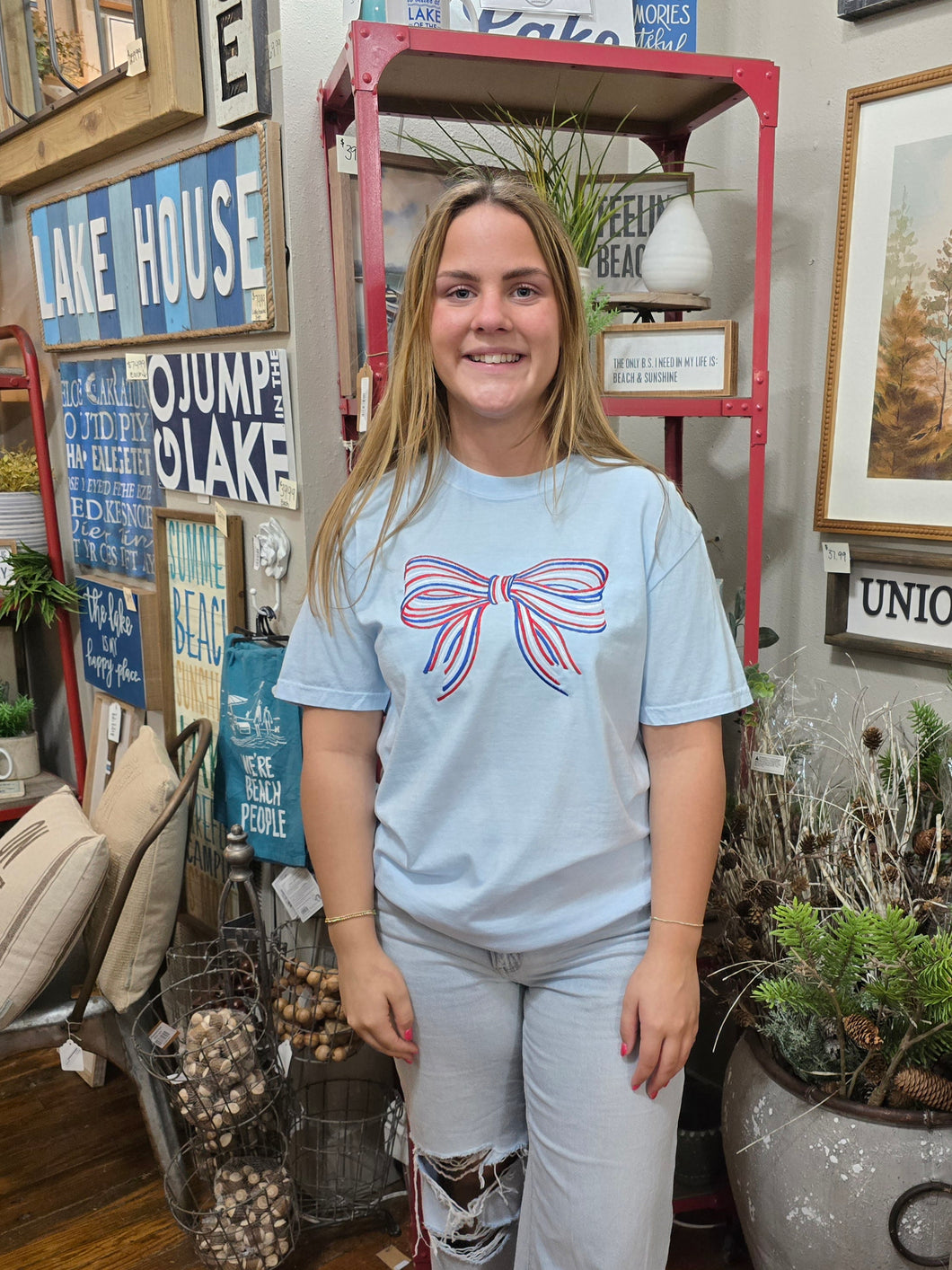 Red White and Blue Embroidered Bow Tee