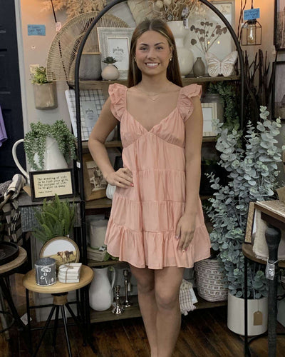 V NECK TIERED BABYDOLL MINI DRESS: CORAL