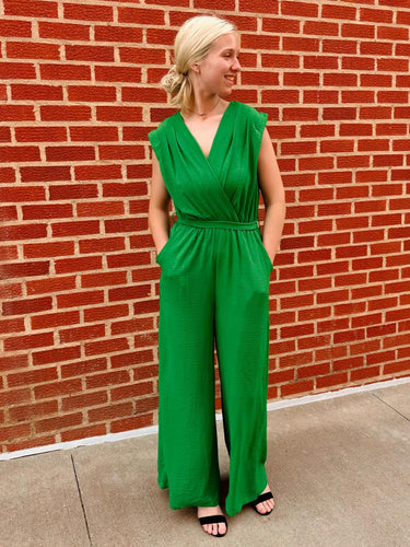 Kelly Green Faux Wrap Wide Leg Jumpsuit