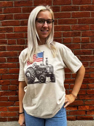 Beige Country Tractor Flag Graphic Tee