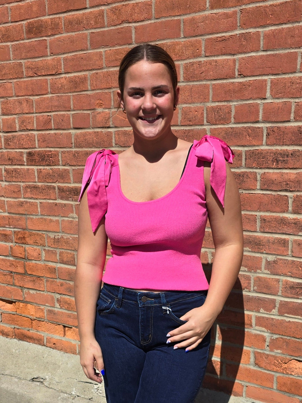 Pink Shoulder Satin Tie Tank