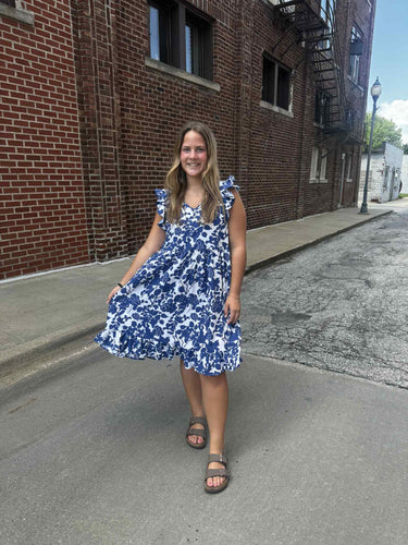 Navy V-Neck Ruffle Sleeve Floral Print Dress