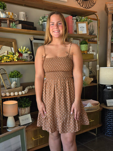 Brown Polka Dot Smocked Dress