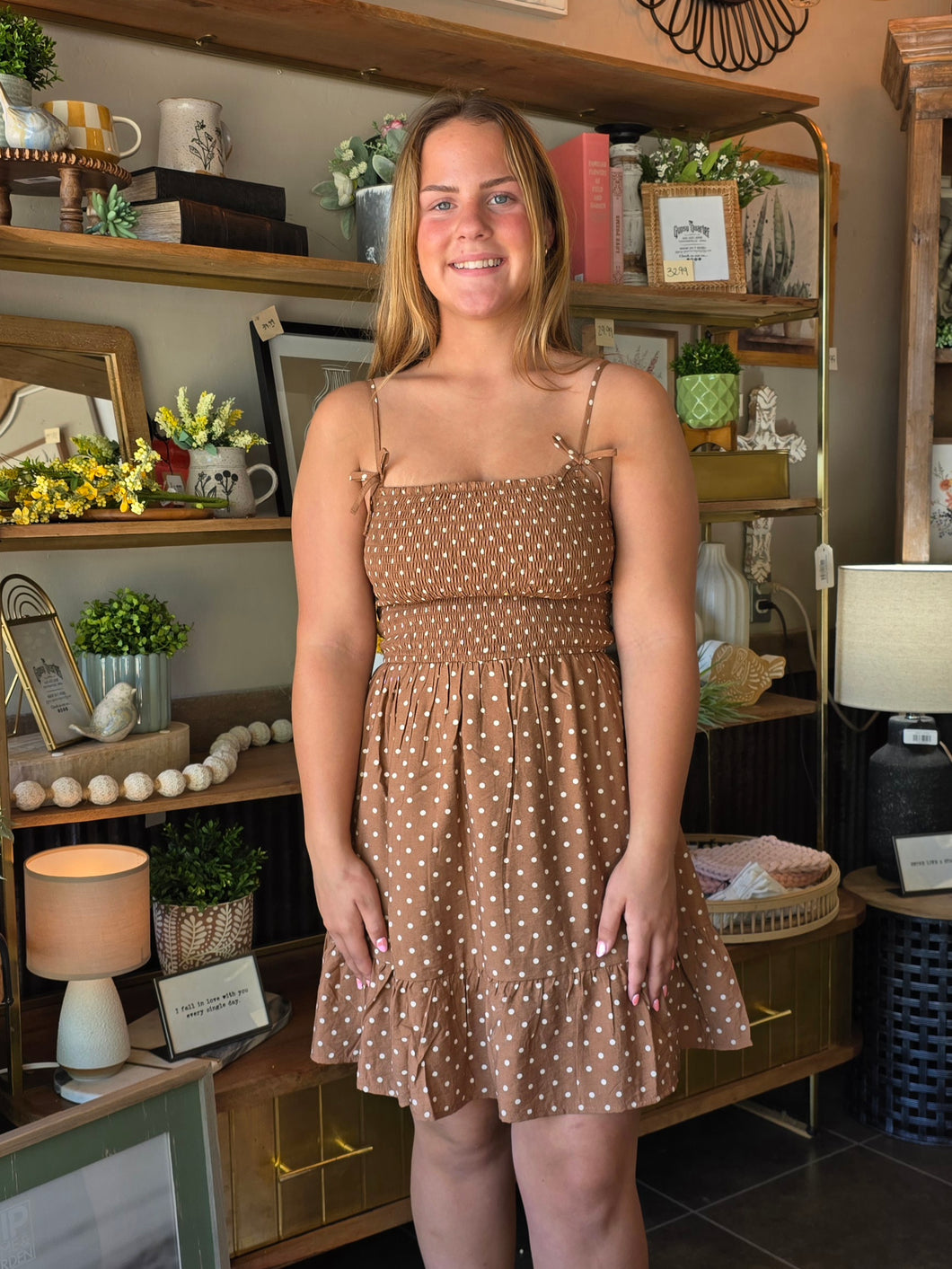 Brown Polka Dot Smocked Dress