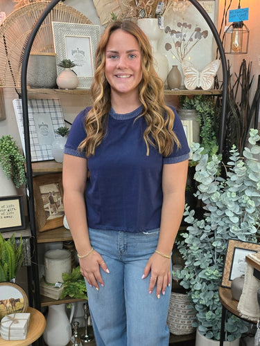 Navy Contrast Ribbed Top