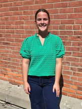 Load image into Gallery viewer, Green Puff Sleeve Notched Neck Top