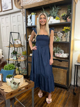 Load image into Gallery viewer, Dark Denim Ruffle Smocked Midi Dress