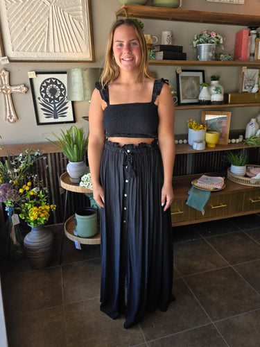 Black Smocked Top And Flowy Maxi Skirt Set