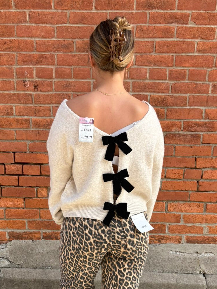 Oatmeal Back Velvet Bow Sweater