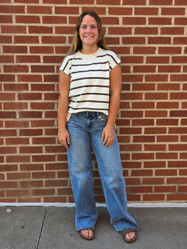 Cream Stripe Side Slits Crewneck Sweater Top