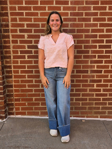Pink V-Neck Swiss Dot w/Petal Sleeves