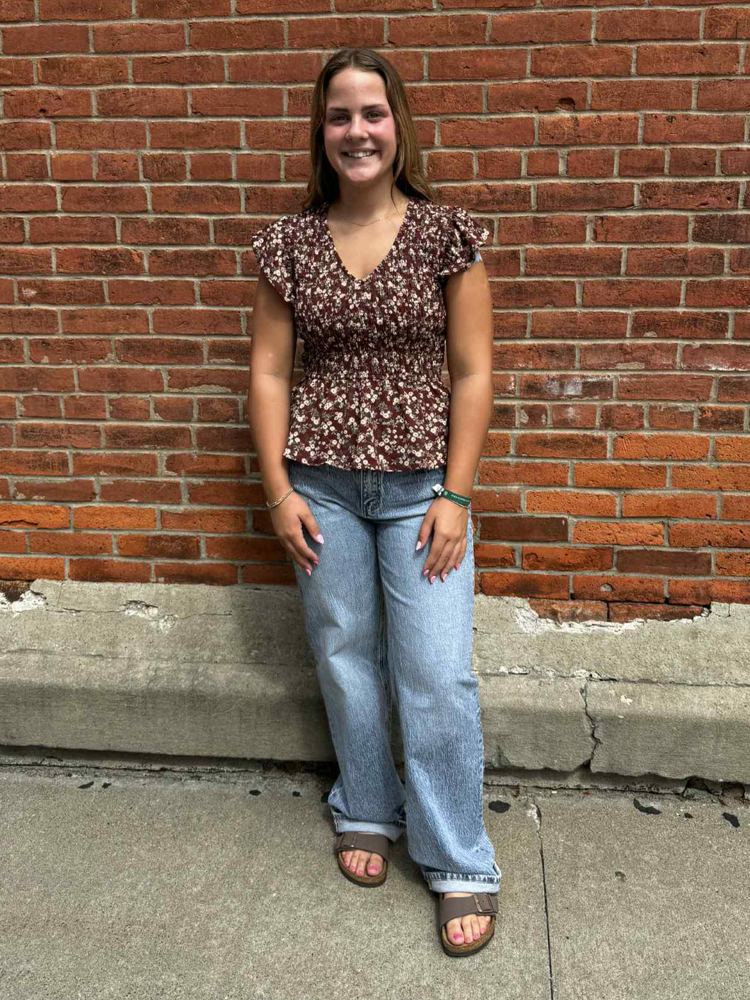 Burgundy Floral Smocked Ruffle Top
