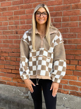 Load image into Gallery viewer, Taupe Checkered Fleece Block Pullover Top